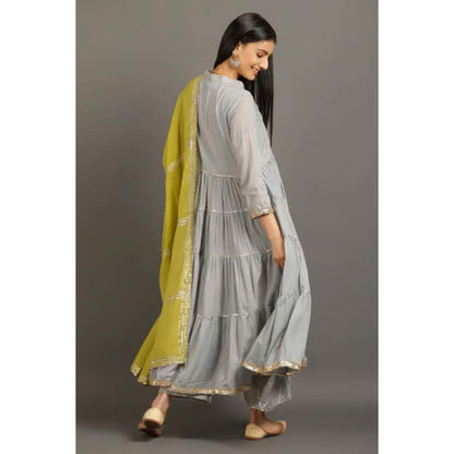 OMAANA Women Mulmul Grey Kurta with Palazzo and Dupatta