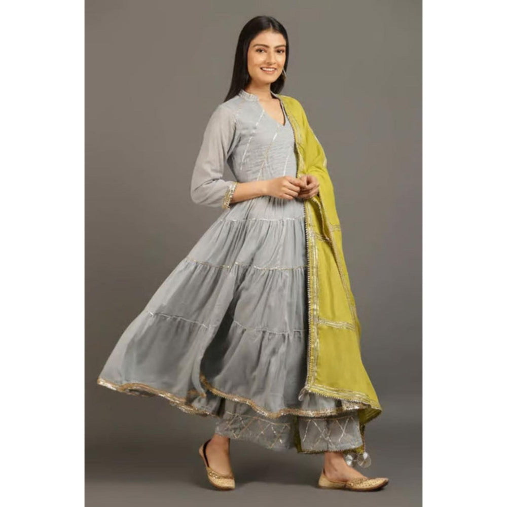 OMAANA Women Mulmul Grey Kurta with Palazzo and Dupatta