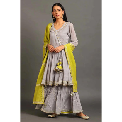 OMAANA Women Cotton Grey Angrakha Kurta with Sharara and Dupatta