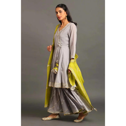OMAANA Women Cotton Grey Angrakha Kurta with Sharara and Dupatta