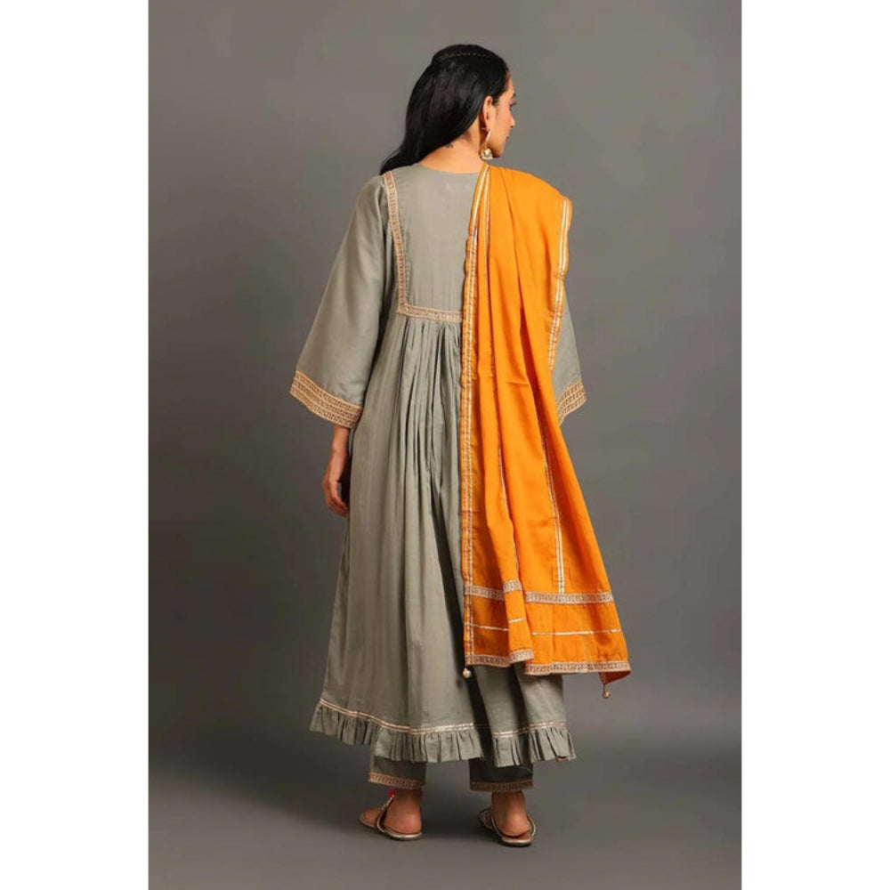 OMAANA Women Mulmul Grey Kurta with Pant and Dupatta