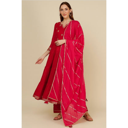 OMAANA Women Mulmul Red Kurta with Pant and Dupatta