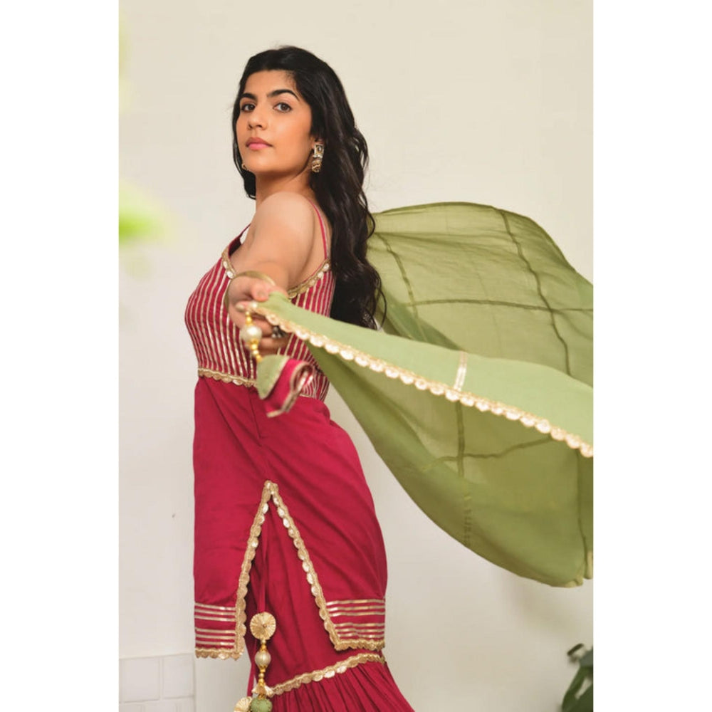 OMAANA Women Chanderi Red Kurta with Sharara and Dupatta
