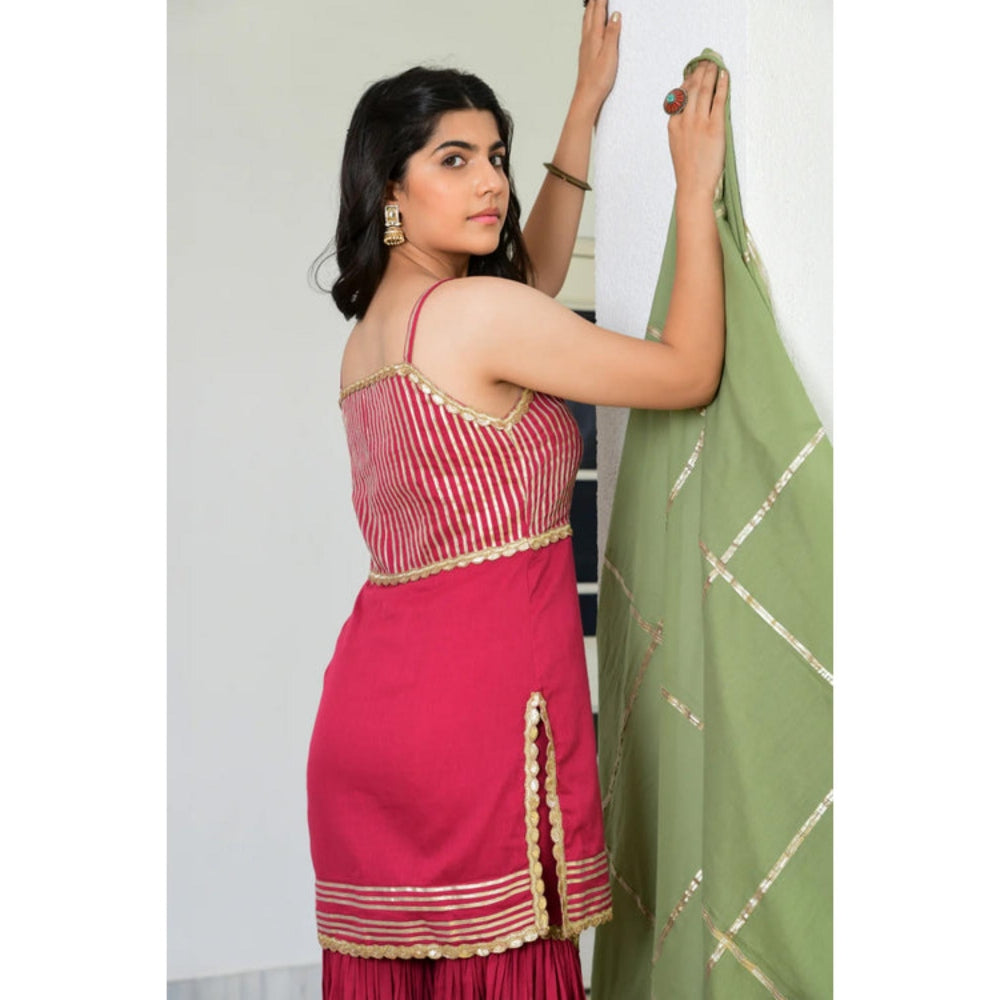 OMAANA Women Chanderi Red Kurta with Sharara and Dupatta
