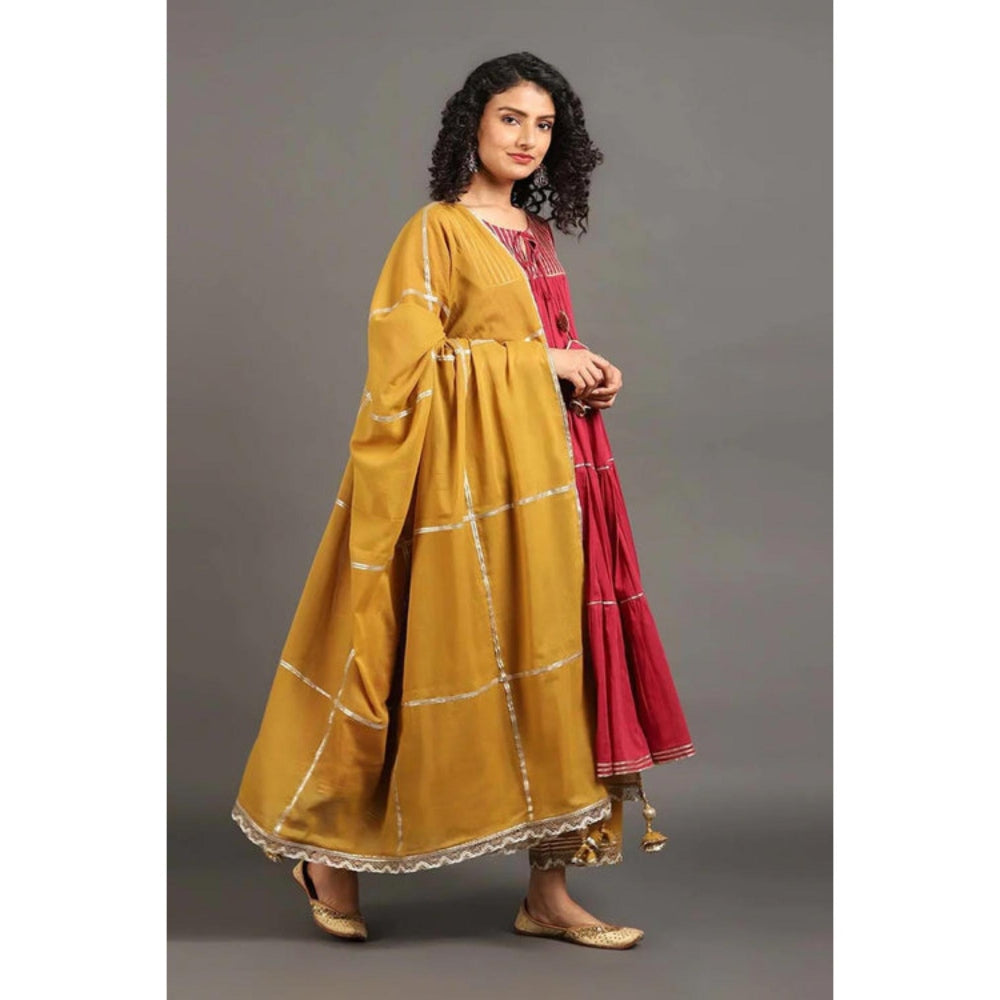OMAANA Women Cotton Red Kurta with Pant and Dupatta