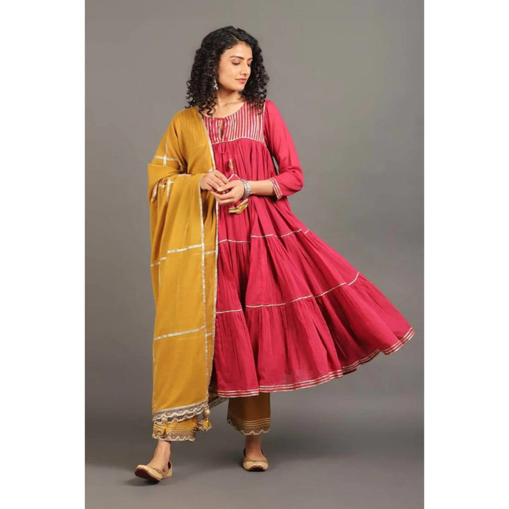 OMAANA Women Cotton Red Kurta with Pant and Dupatta