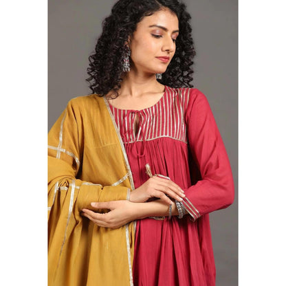 OMAANA Women Cotton Red Kurta with Pant and Dupatta