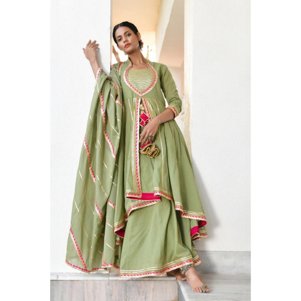 OMAANA Women Mulmul Green Kurta with Sharara and Dupatta