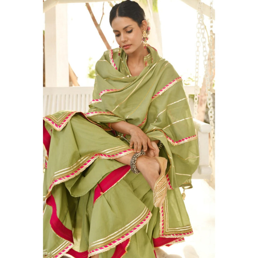 OMAANA Women Mulmul Green Kurta with Sharara and Dupatta