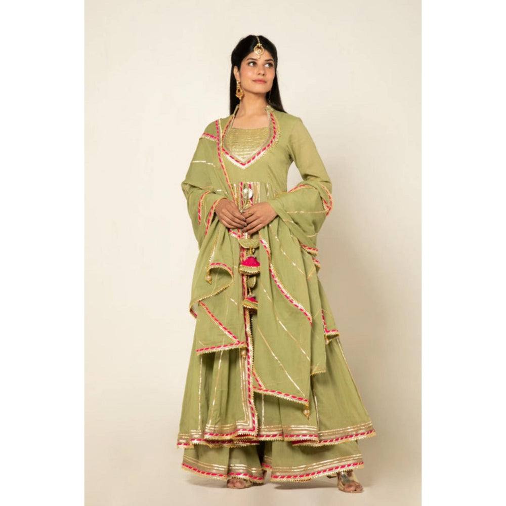 OMAANA Women Chanderi Green Kurta with Sharara and Dupatta