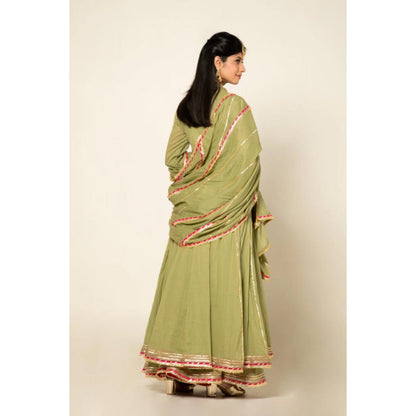 OMAANA Women Chanderi Green Kurta with Sharara and Dupatta
