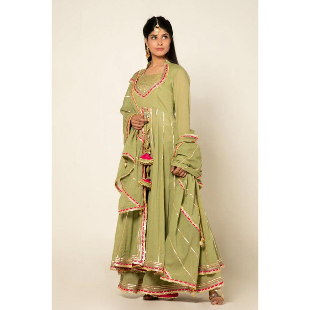 OMAANA Women Chanderi Green Kurta with Sharara and Dupatta