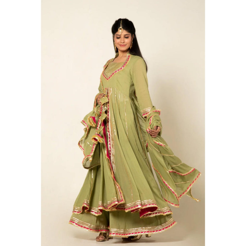 OMAANA Women Chanderi Green Kurta with Sharara and Dupatta
