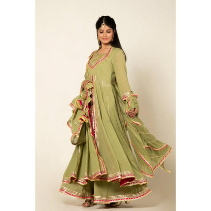 OMAANA Women Chanderi Green Kurta with Sharara and Dupatta
