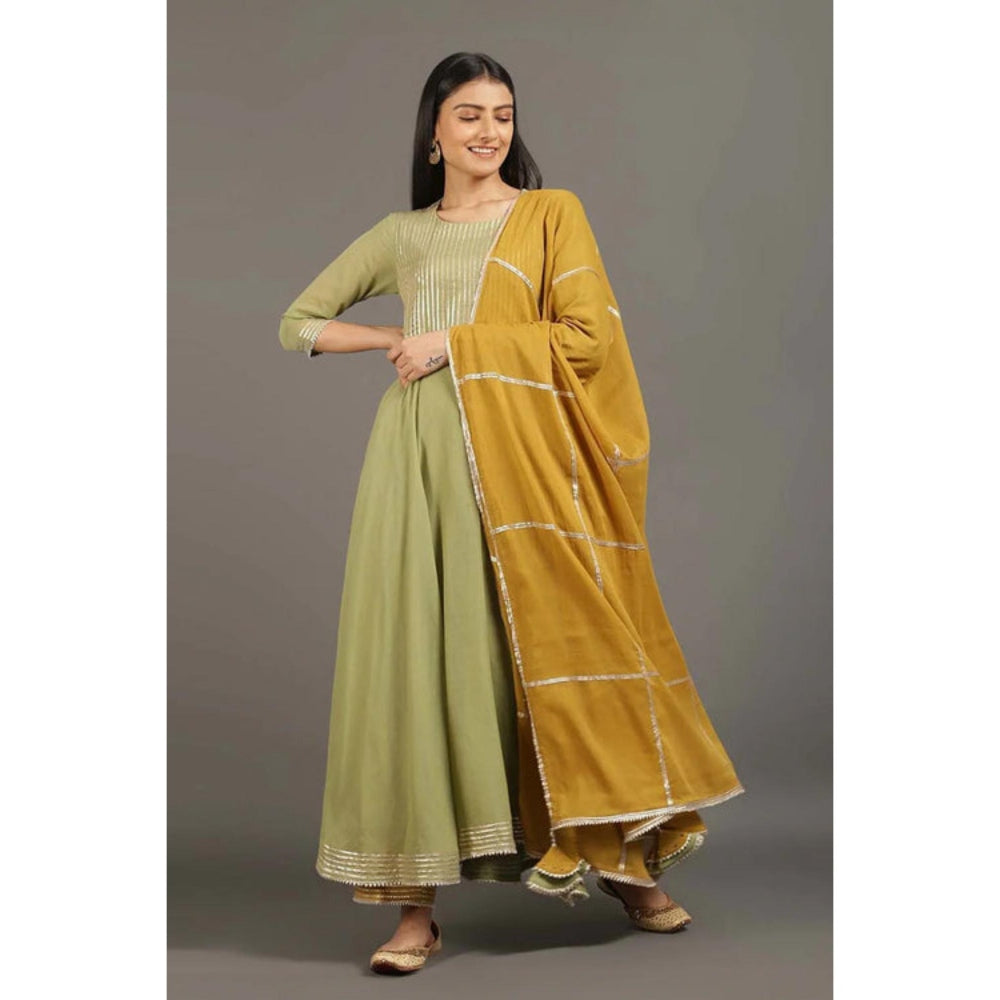 OMAANA Women Mulmul Green Anarkali Kurta with Pant and Dupatta