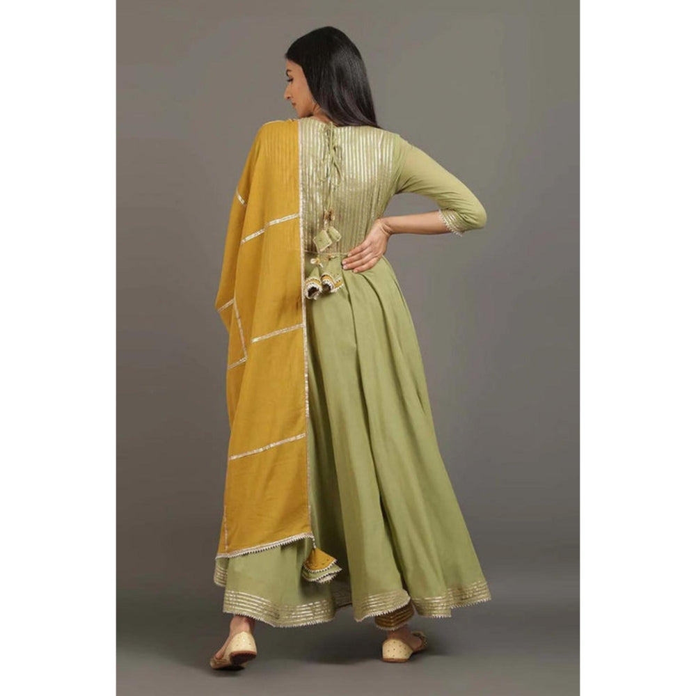 OMAANA Women Mulmul Green Anarkali Kurta with Pant and Dupatta