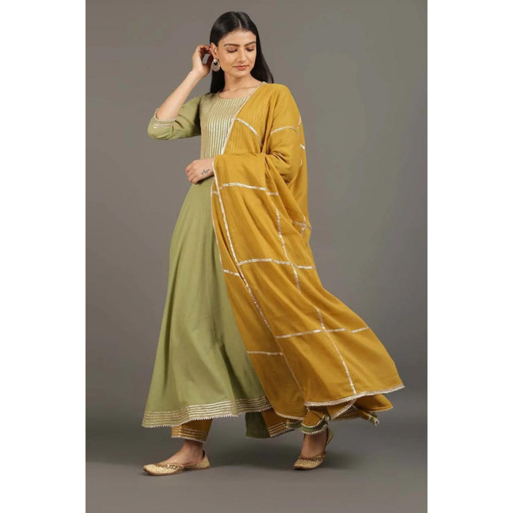 OMAANA Women Mulmul Green Anarkali Kurta with Pant and Dupatta