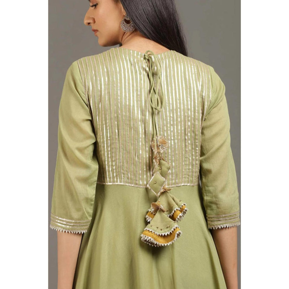 OMAANA Women Mulmul Green Anarkali Kurta with Pant and Dupatta