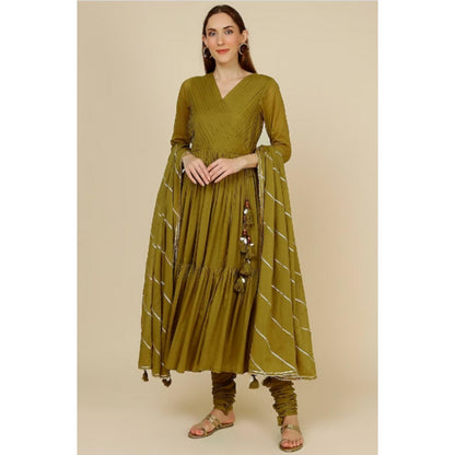 OMAANA Women Mulmul Green Angrakha Kurta with Churidar and Dupatta