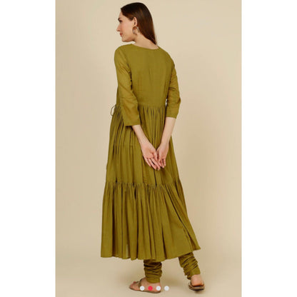 OMAANA Women Mulmul Green Angrakha Kurta with Churidar and Dupatta