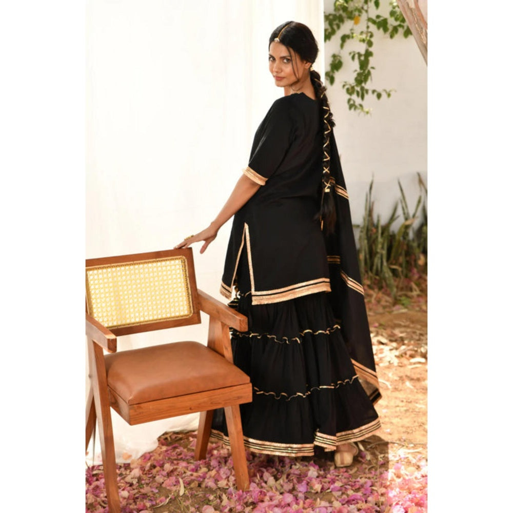 OMAANA Women Mulmul Black Kurta with Sharara and Dupatta