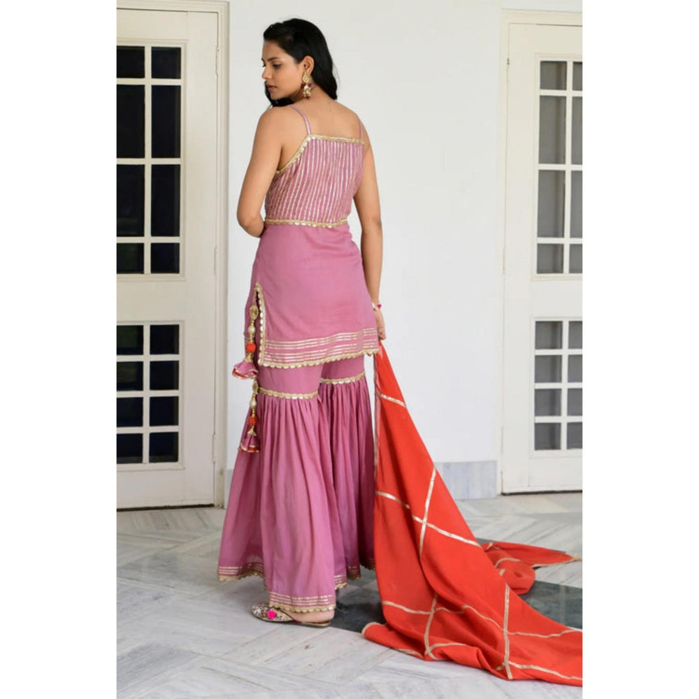 OMAANA Women Cotton Pink Kurta with Sharara and Dupatta