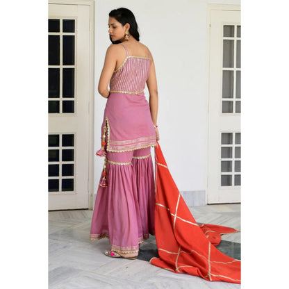 OMAANA Women Cotton Pink Kurta with Sharara and Dupatta