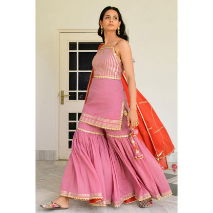 OMAANA Women Cotton Pink Kurta with Sharara and Dupatta