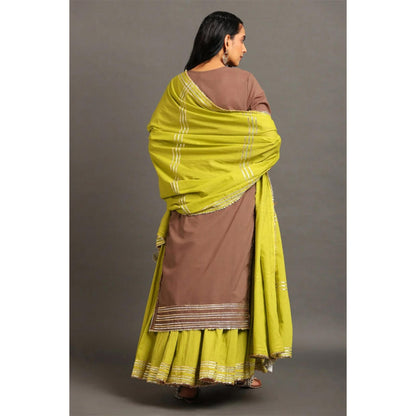 OMAANA Women Chanderi Green Kurta with Skirt and Dupatta