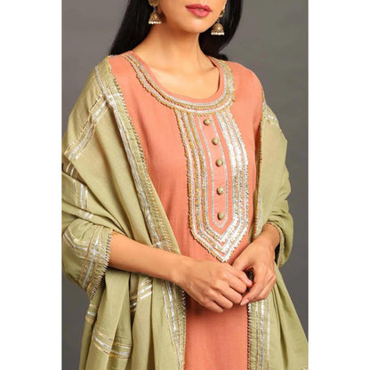 OMAANA Women Mulmul Peach Kurta with Sharara and Dupatta