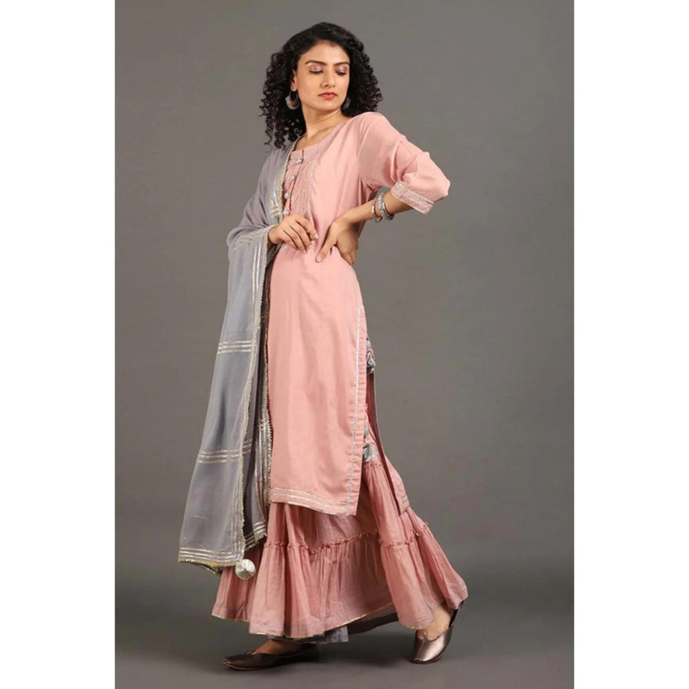 OMAANA Women Mulmul Pink Kurta with Sharara and Dupatta
