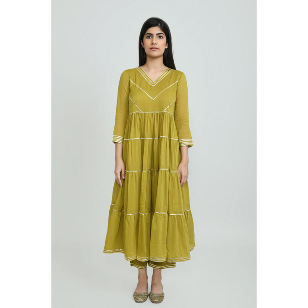 OMAANA Women Mulmul Green Kurta with Palazzo and Dupatta
