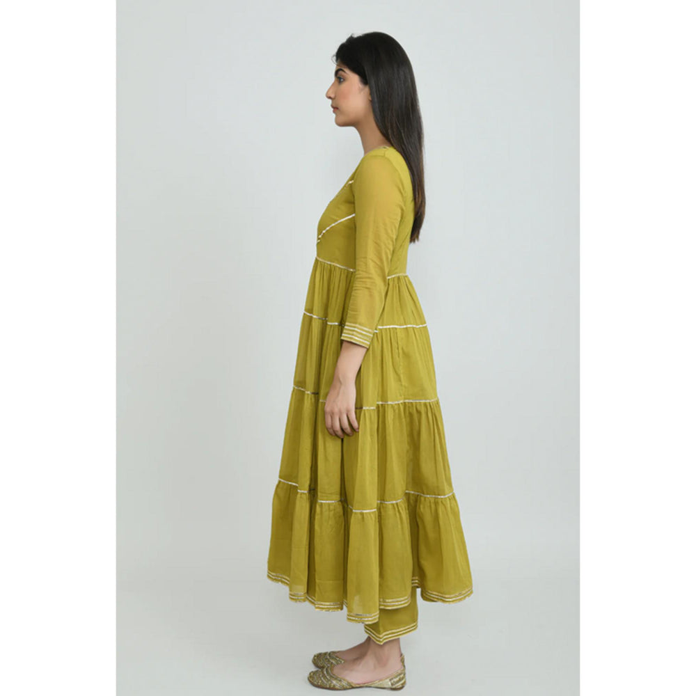 OMAANA Women Mulmul Green Kurta with Palazzo and Dupatta