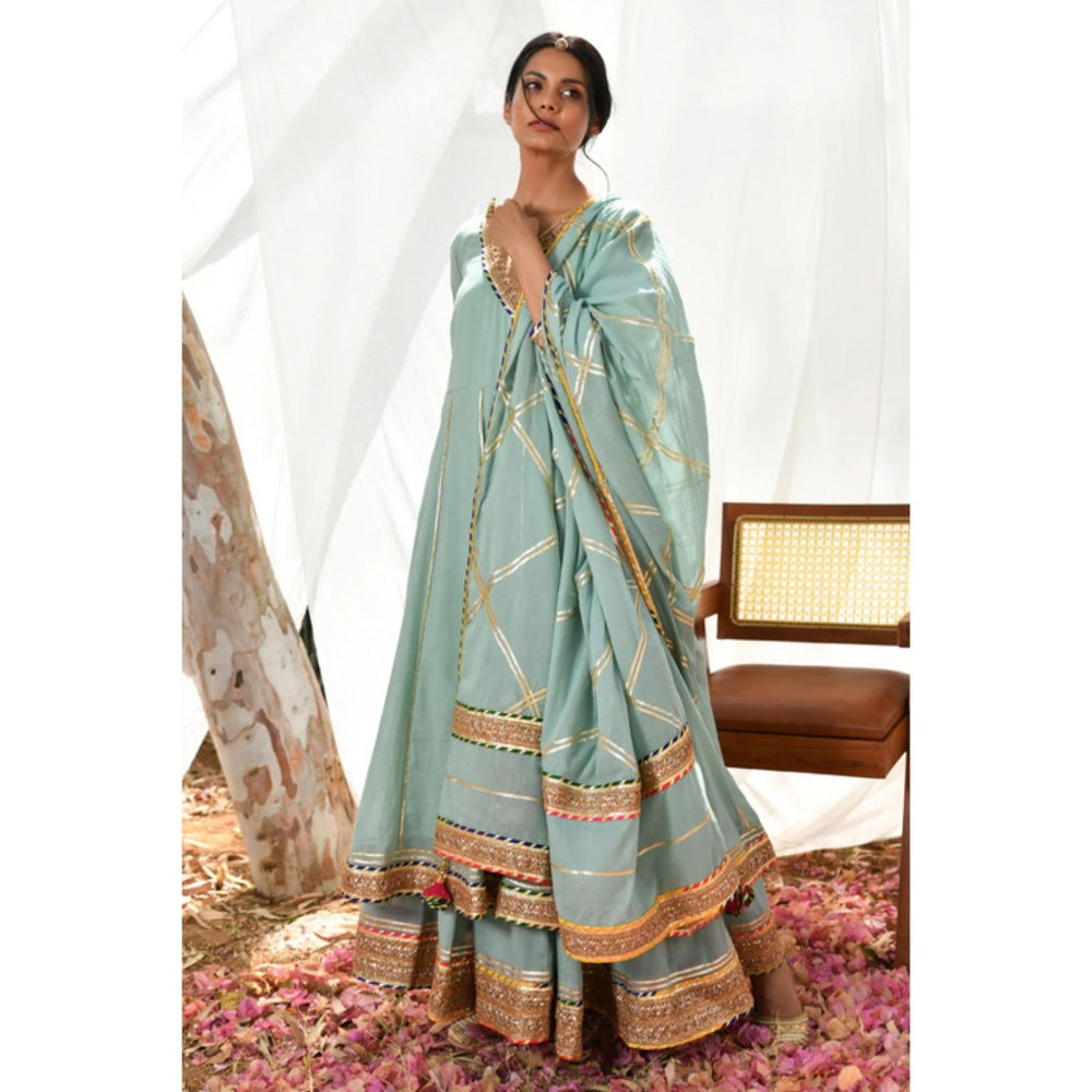 OMAANA Women Mulmul Blue Kurta with Sharara and Dupatta