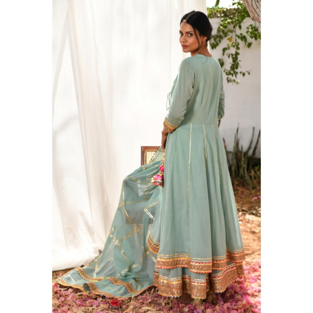 OMAANA Women Mulmul Blue Kurta with Sharara and Dupatta