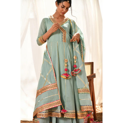 OMAANA Women Mulmul Blue Kurta with Sharara and Dupatta