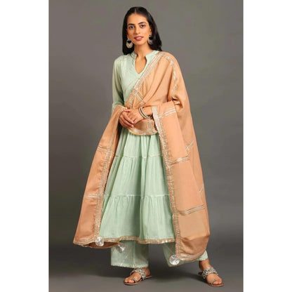 OMAANA Women Mulmul Green Kurta with Palazzo and Dupatta