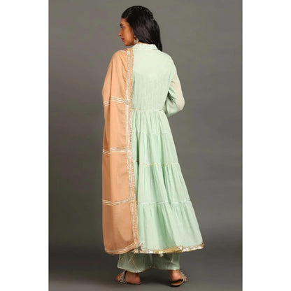 OMAANA Women Mulmul Green Kurta with Palazzo and Dupatta