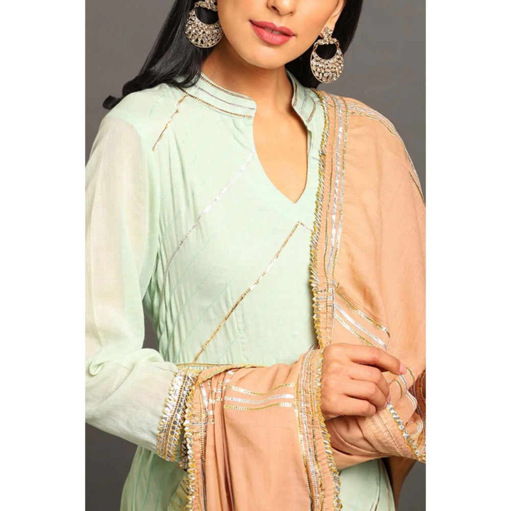 OMAANA Women Mulmul Green Kurta with Palazzo and Dupatta