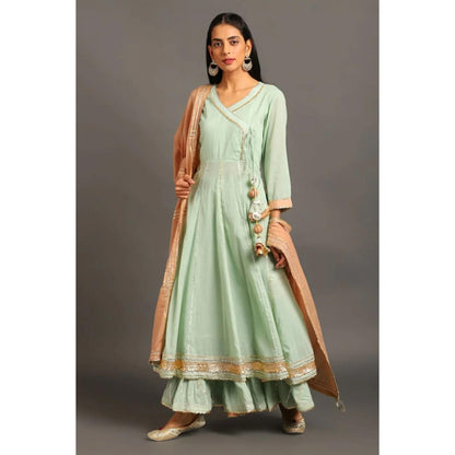 OMAANA Women Mulmul Green Kurta with Sharara and Dupatta