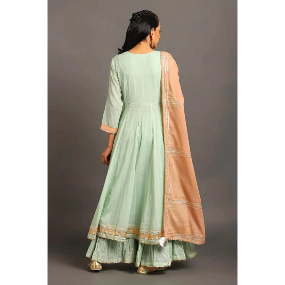 OMAANA Women Mulmul Green Kurta with Sharara and Dupatta