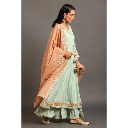 OMAANA Women Mulmul Green Kurta with Sharara and Dupatta