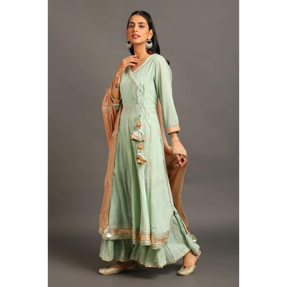 OMAANA Women Mulmul Green Kurta with Sharara and Dupatta