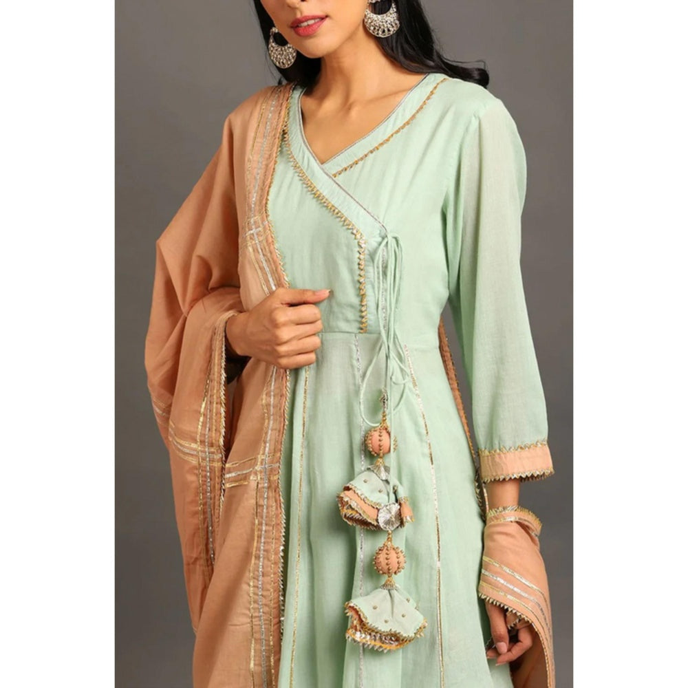 OMAANA Women Mulmul Green Kurta with Sharara and Dupatta