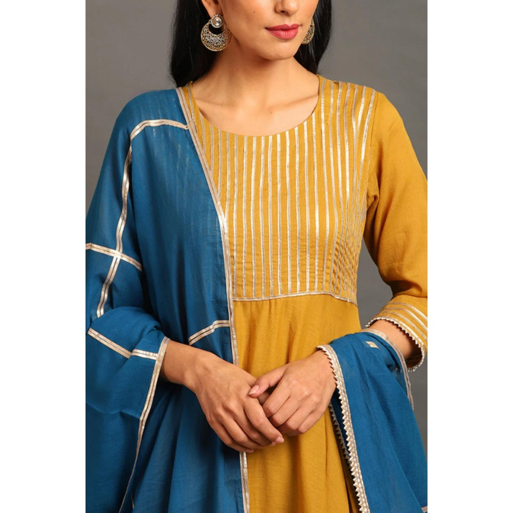 OMAANA Women Mulmul Mustard Anarkali Kurta with Pant and Dupatta