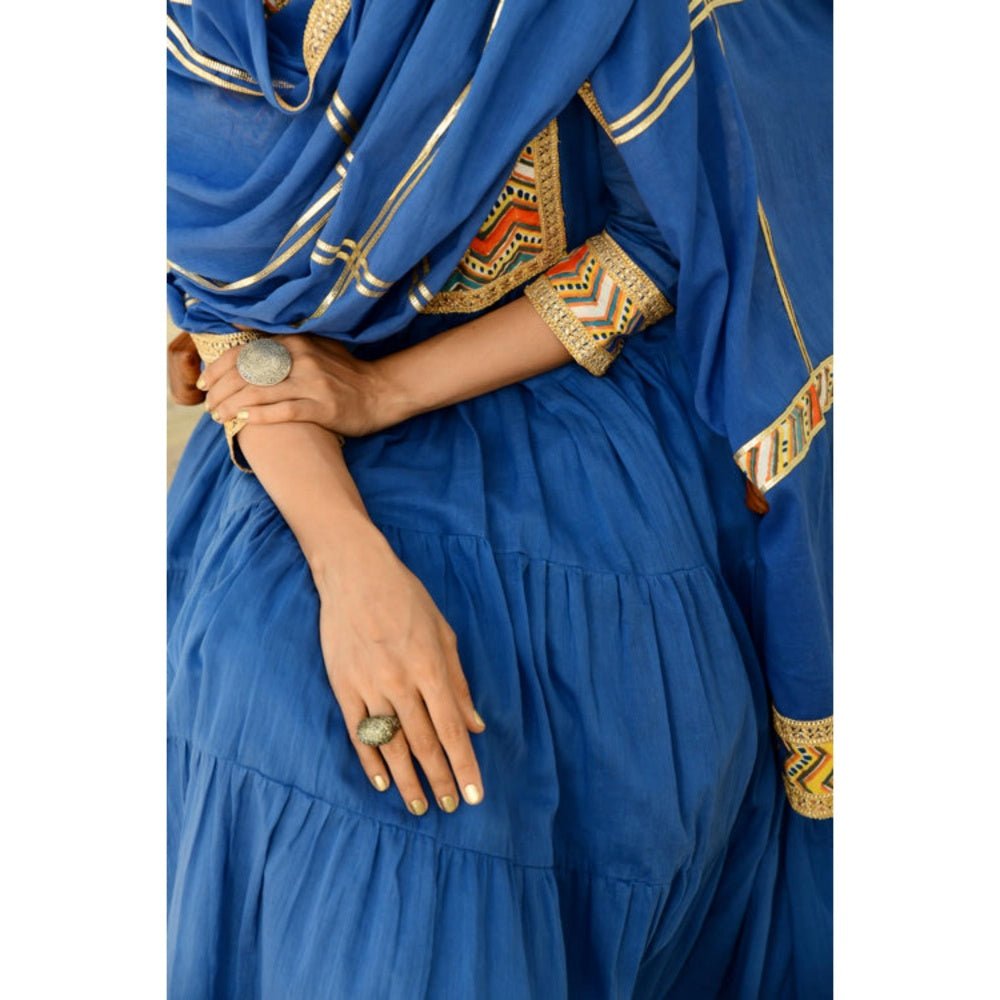 OMAANA Women Mulmul Blue Kurta with Pant and Dupatta