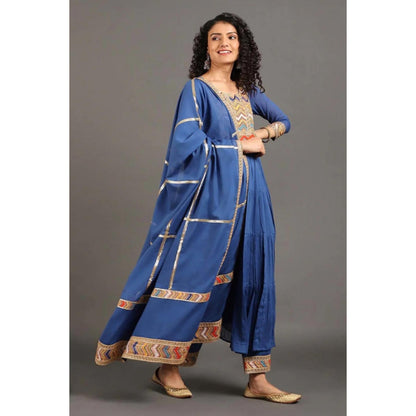 OMAANA Women Mulmul Blue Kurta with Pant and Dupatta