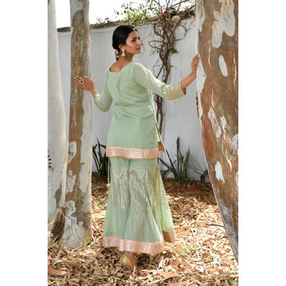 OMAANA Women Mulmul Green Kurta with Sharara and Dupatta