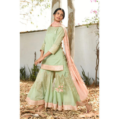 OMAANA Women Mulmul Green Kurta with Sharara and Dupatta