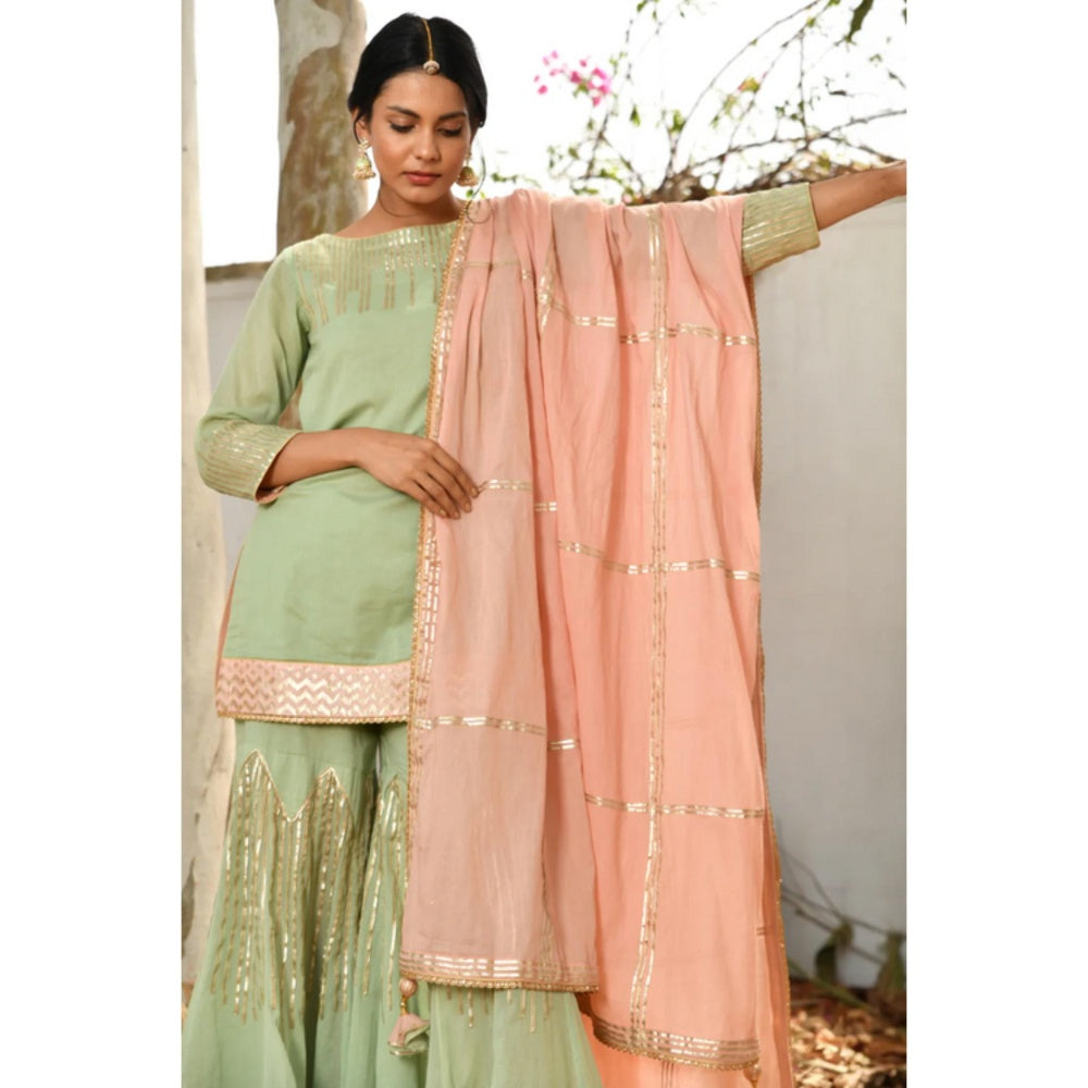 OMAANA Women Mulmul Green Kurta with Sharara and Dupatta